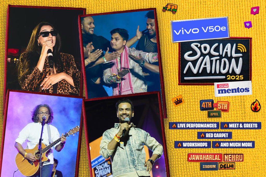879679 - Social Nation vivo V50e, Social Nation 2025, Mentos, BihariLadka, Shahat Gill, Sima Taparia, Vikas Kush Sharma, Gunjan Saini, Wolfcryman, Ksaya, Nischay Verma, Raman Negi, Piyali Mukherjee, Akshay Yadav, Meaow, Singing Performance, Comedy Act, Poetry Slam, Rap Performance, Crowd Interaction, Football Performance, Fusion Music, Creator Line-up, Live Performances, Stage Highlights, Freshness Partner, Mentos Zindagi, YesToFresh, Social Nation Talent