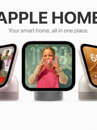 Promotional image of Apple Home devices: a row of smart home displays with rounded edges showing apps and visuals, side by side.